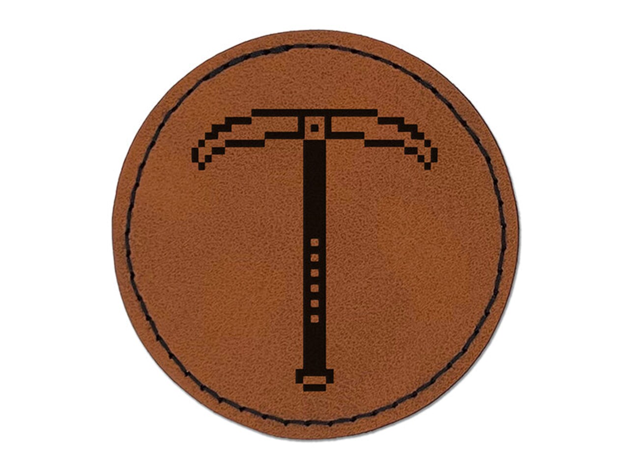 Pixel Miner Pickaxe RPG Video Games Round Iron-On Engraved Faux Leather Patch Applique - 2.5"